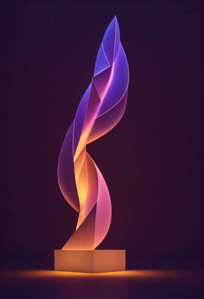 3d abstract statue, glowing light monolith, purple orange 3d sculpture