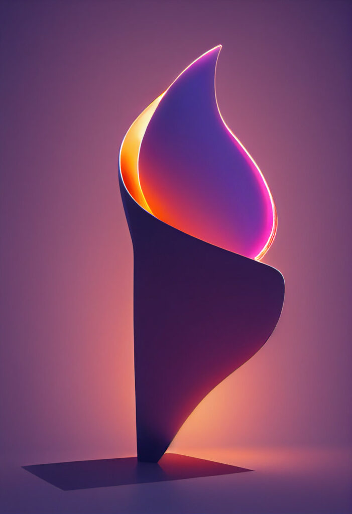3d rendered floral sculpture, delicate purple and orange petal statue, glowing neon light