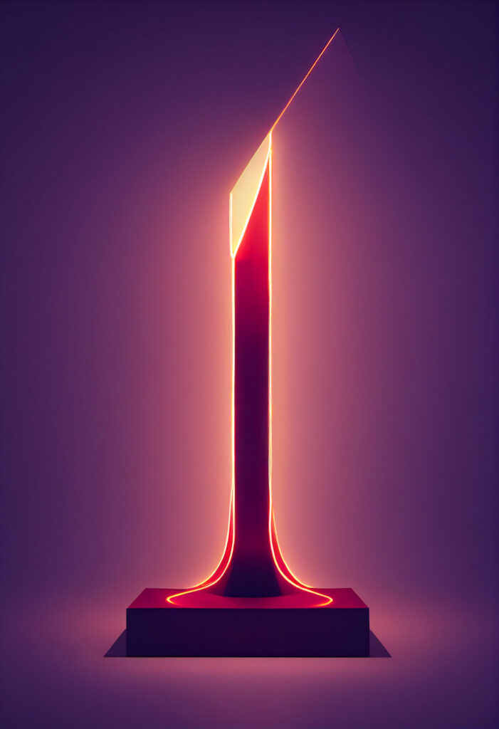 3d rendered monolith, purple and orange glowing geometric statue