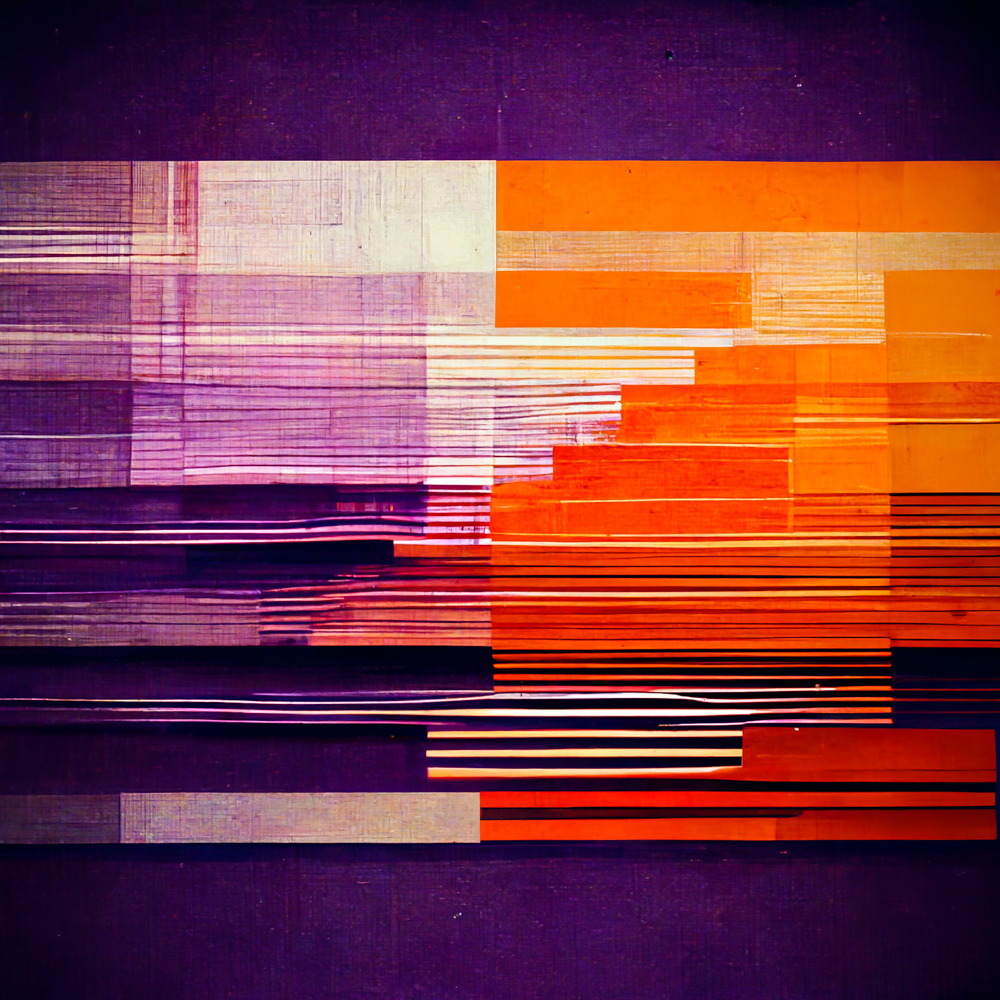 Glitch #37, an AI waking up from a dream and starting to see the world in color, purple and orange contrast