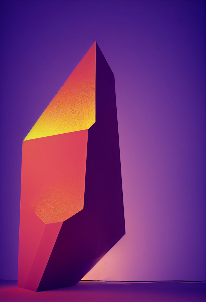abstract geometric statue, 3d rendered purple orange blocky sculpture