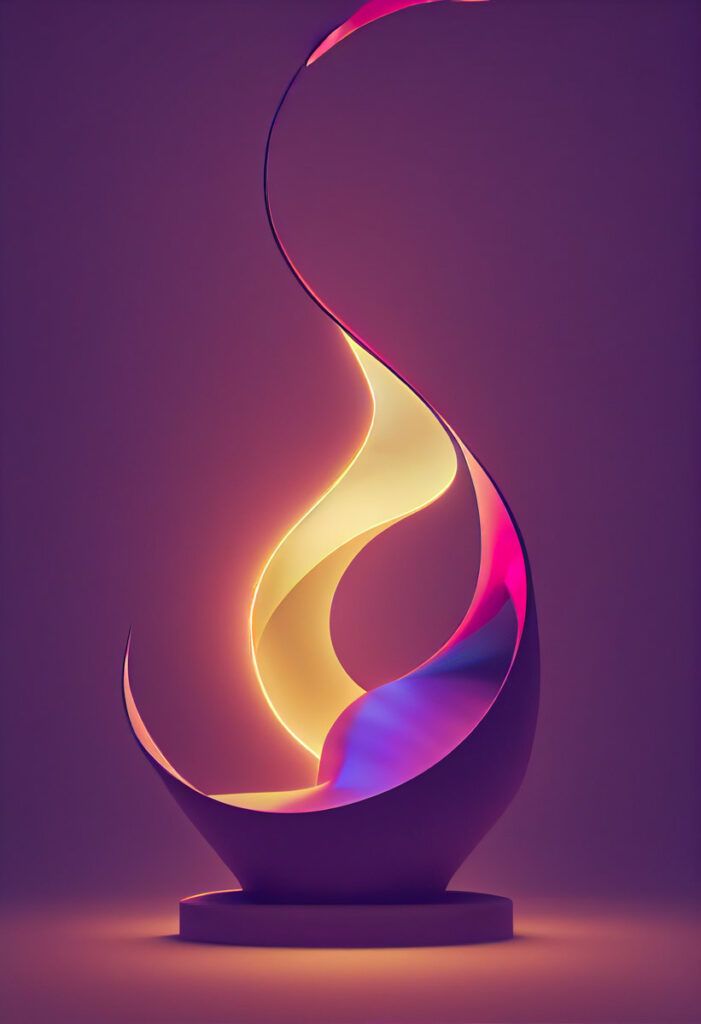 abstract statue of flame, pink and yellow 3d rendered glowing sculpture of fire