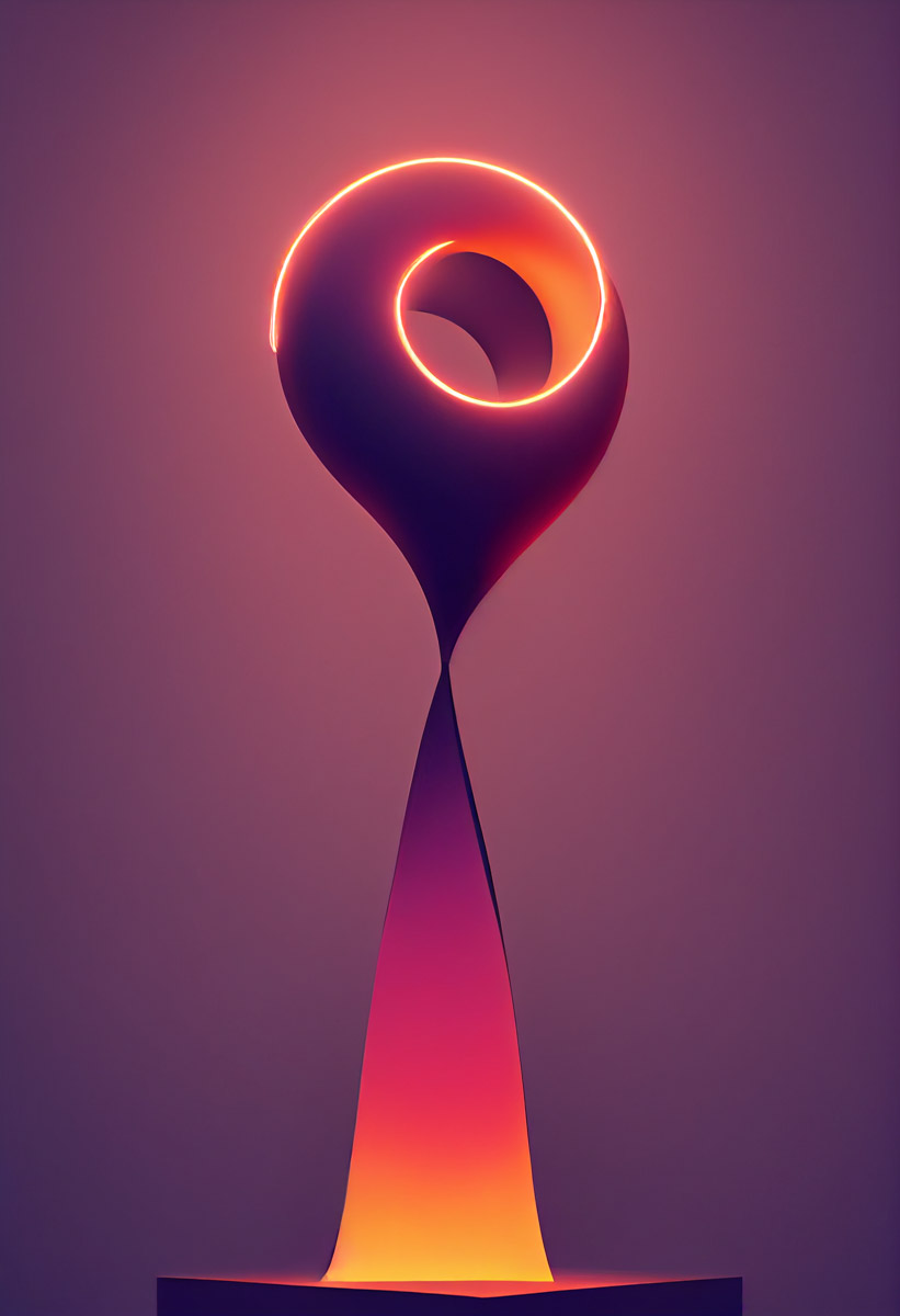 abstract statue of glowing light, spiral circle monolith, purple and orange 3d rendered sculpture