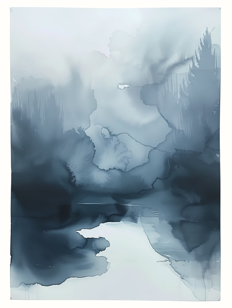 dark minimalist watercolour painting, simple clean grayblue, cloudy skys wall art