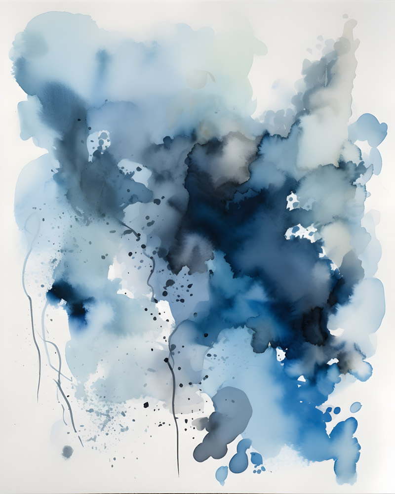 dark moody watercolour, blue black gray, cloudy abstract minimalist fine art print