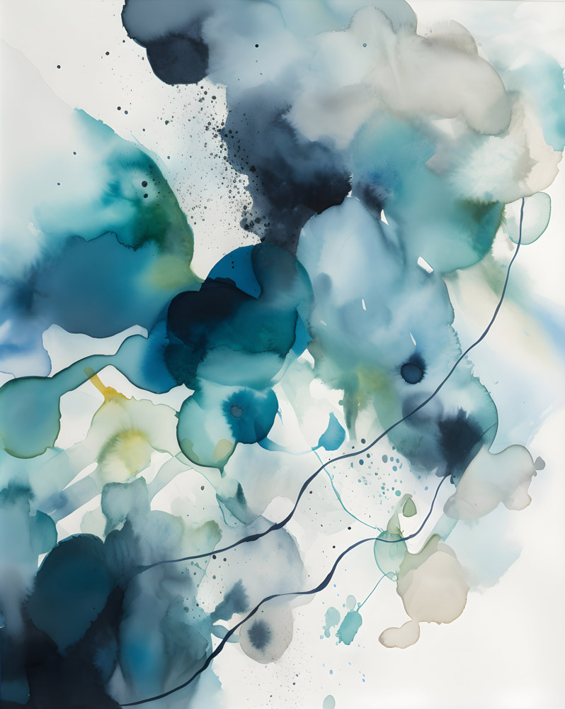 green and blue watercolour abstract, wavy clouds, chaotic thoughts wall art
