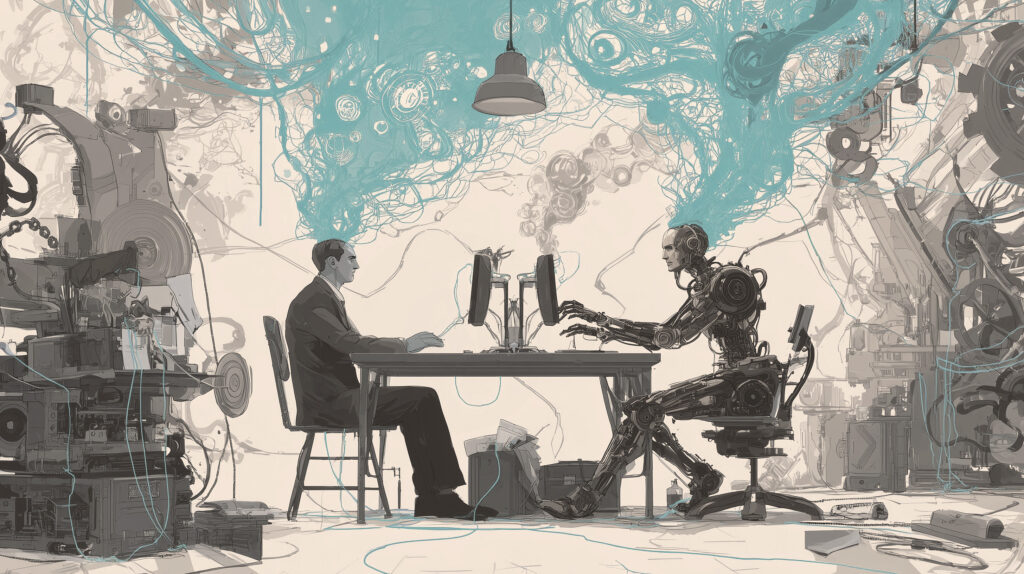 a human and AI collaboration, building automations and blending thoughts with a robot and man