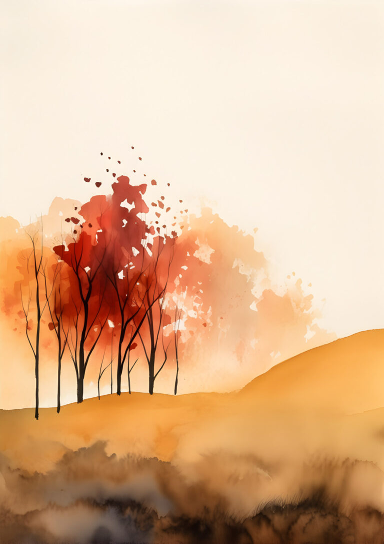 A watercolor painting of bare trees and red, orange abstract foliage on a beige background with orange hills.