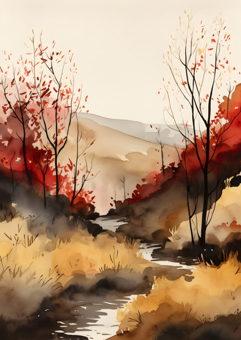 Watercolor painting of an autumn landscape with red trees, brown hills, and a winding stream.
