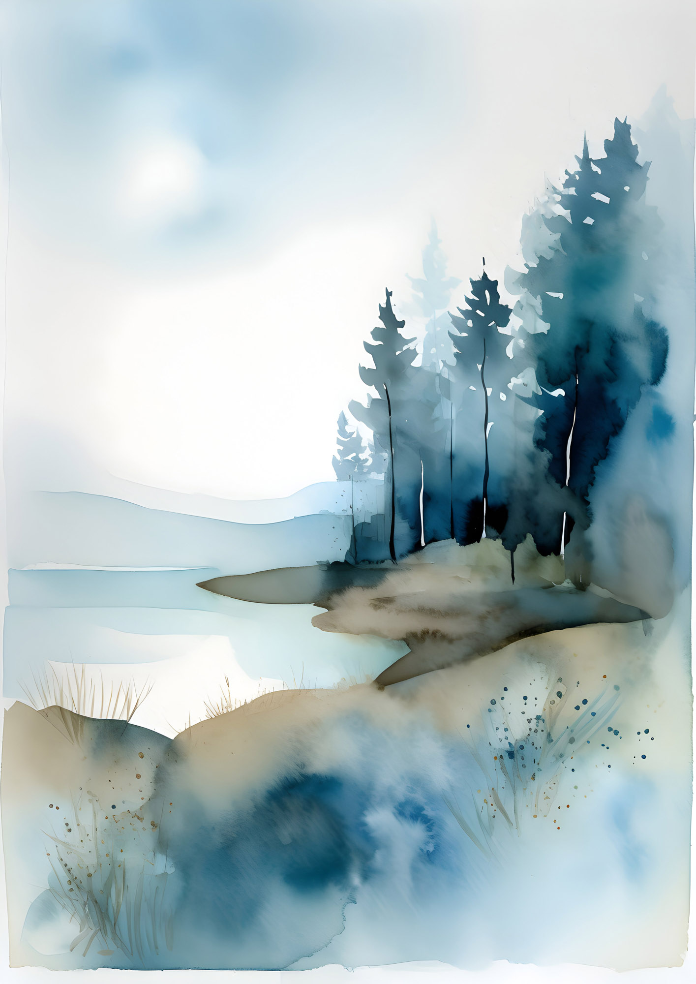 Watercolor painting of a misty blue forest beside a calm lake under a bright sky.