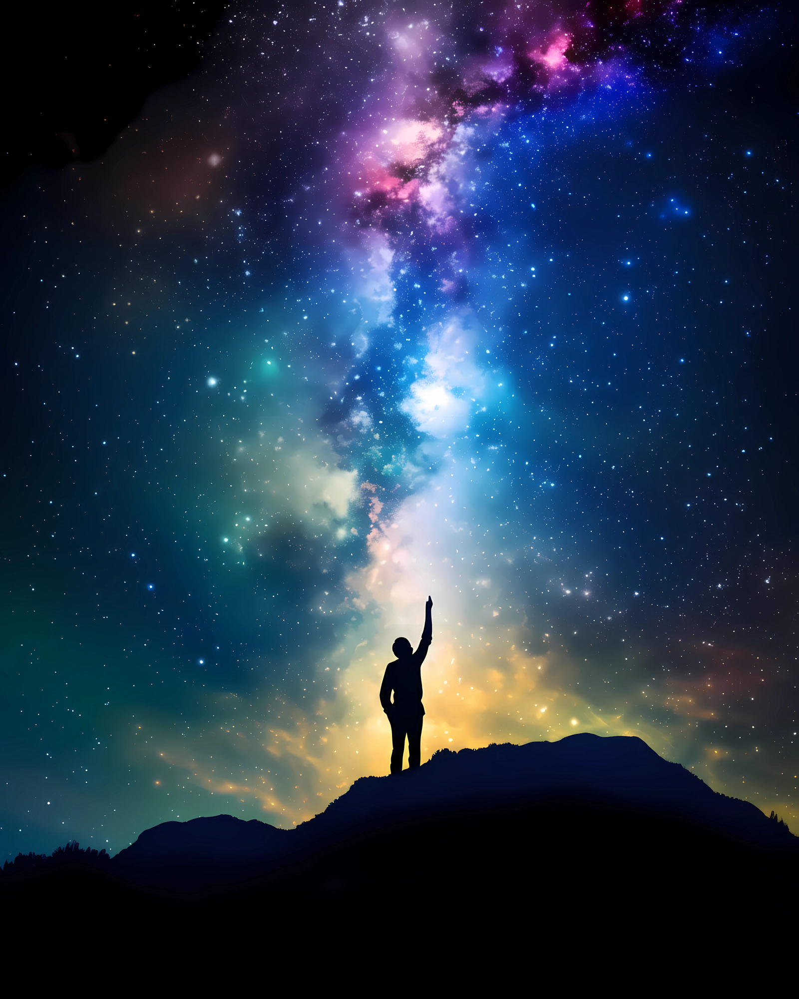 Silhouette of person on mountain looking at vibrant starry sky.