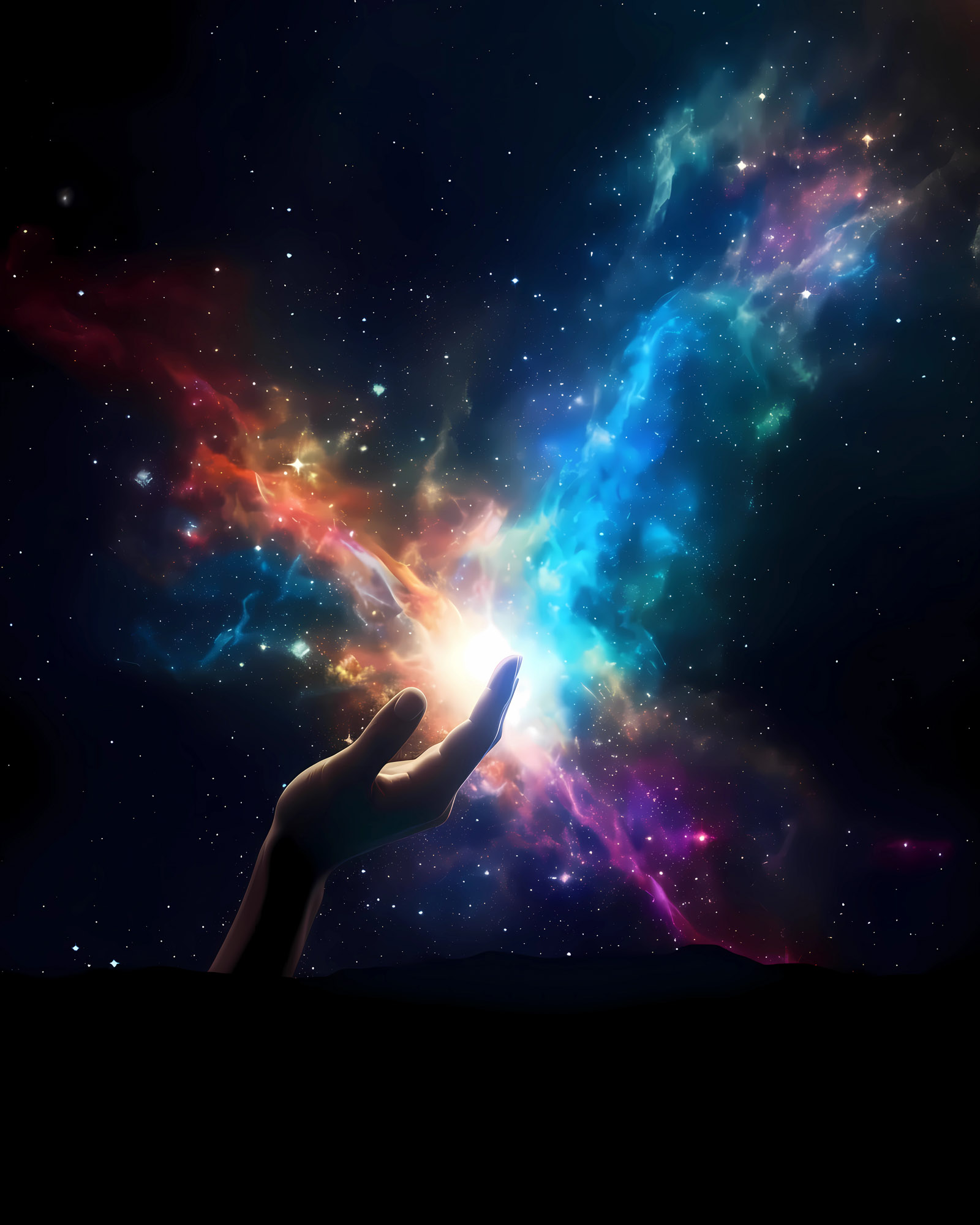 A hand reaches into a bright, colorful galaxy, with stars and nebulae.