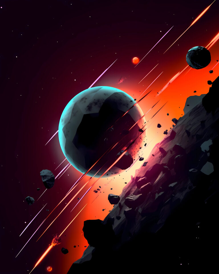 Stylized digital art depicting a dark planet, glowing red nebula, asteroids, and light streaks in space.
