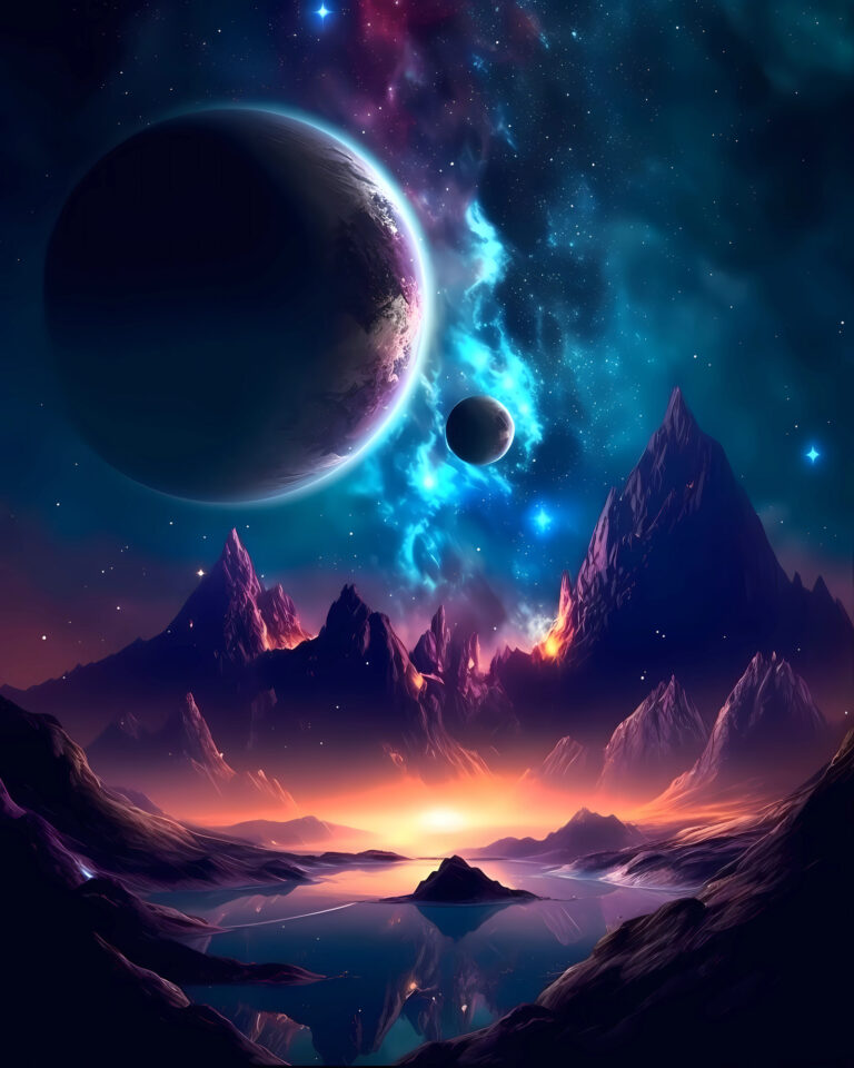 Vibrant cosmic landscape with planets, nebulae, jagged mountains, and a reflective lake at sunset.