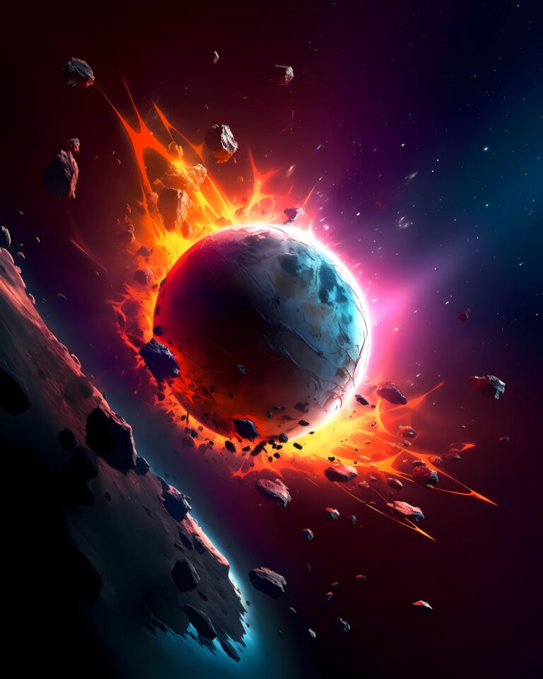 A glowing planet surrounded by fiery energy and flying asteroids in a vibrant space scene.
