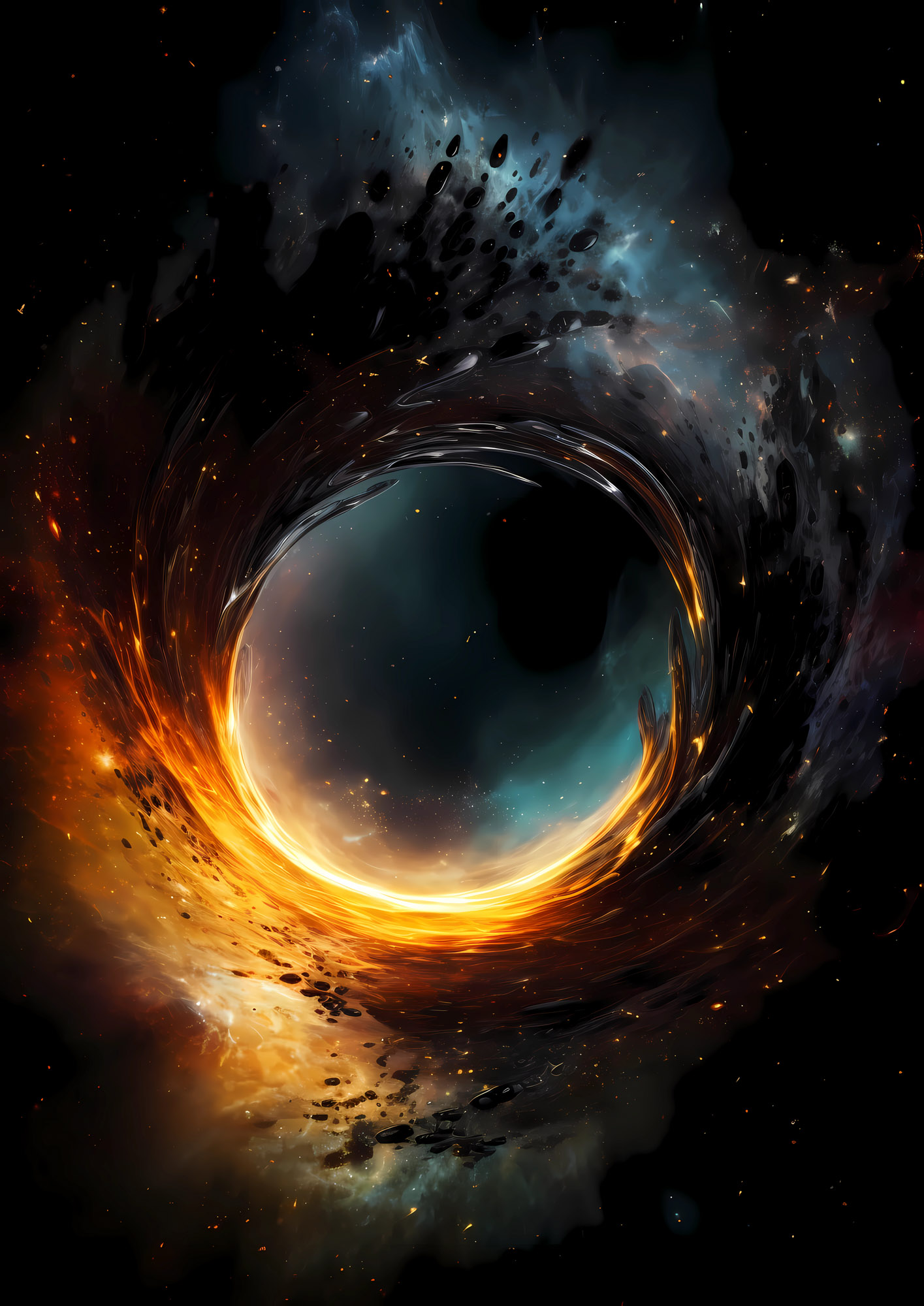 Cosmic black hole with orange accretion disk, swirling fiery light, and dark matter.