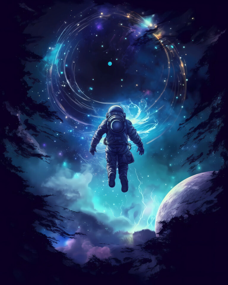 Astronaut floating amidst swirling blue and purple cosmic lights, with a distant planet below.
