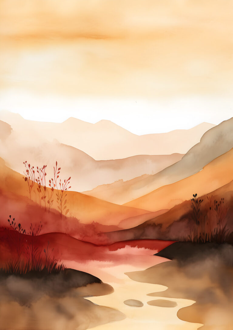 Watercolor landscape with layered mountains, a winding river, and warm sunset colors.