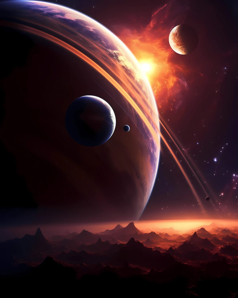 A vibrant space scene with a large ringed planet, multiple moons, a bright sun, and a rugged alien landscape.