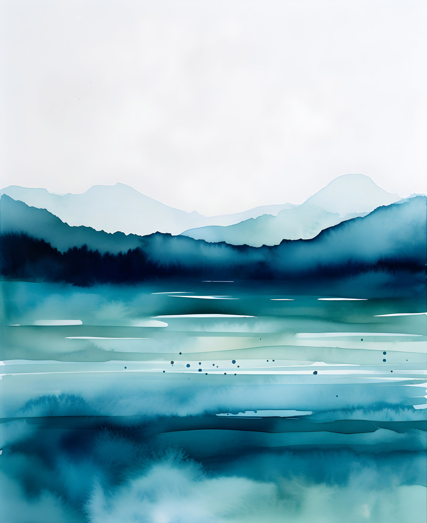 Abstract watercolor landscape with layered blue-green mountains, forest, and water.
