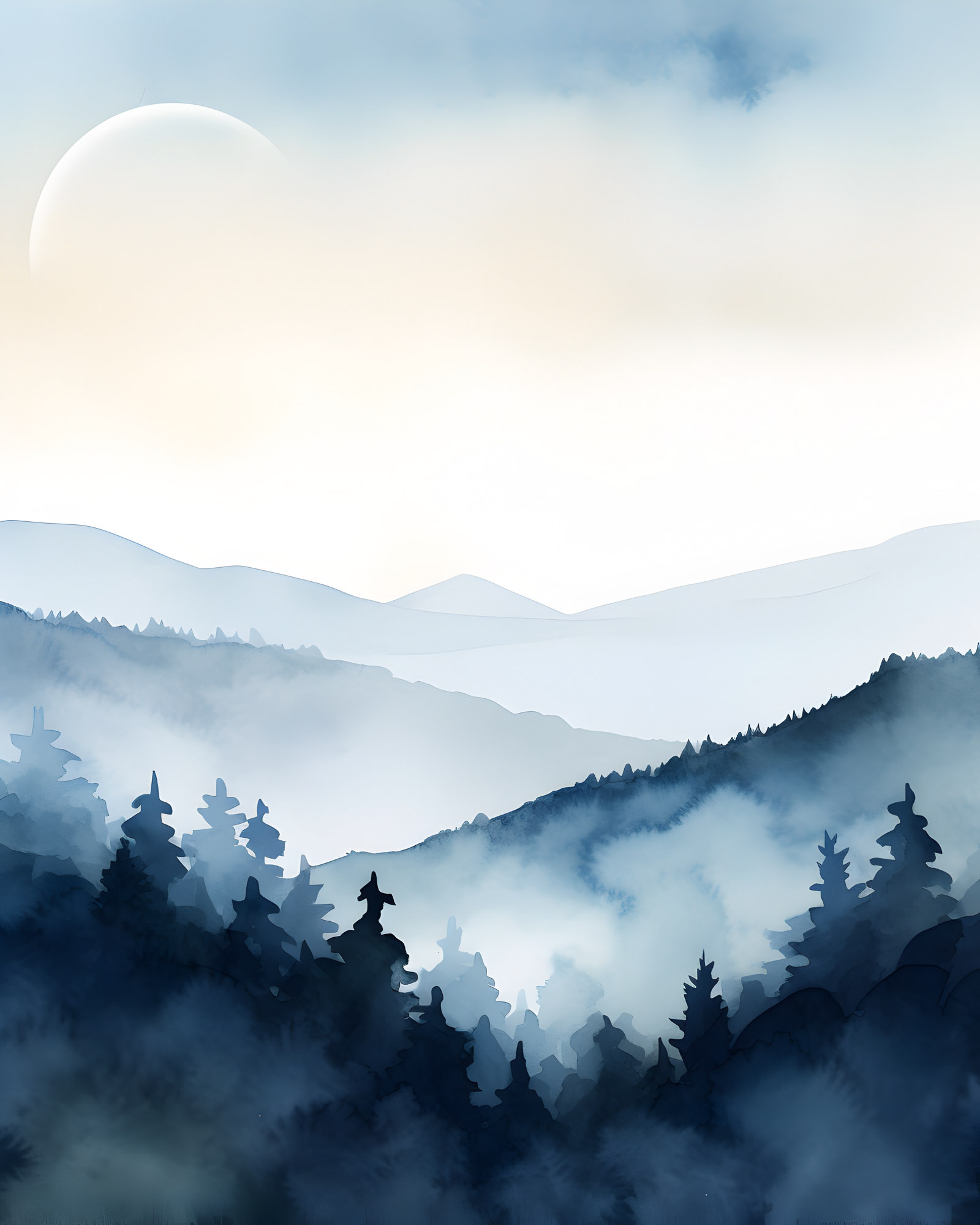 Watercolor landscape with misty blue mountains, dark pine forests, and a faint white moon in a pale sky.