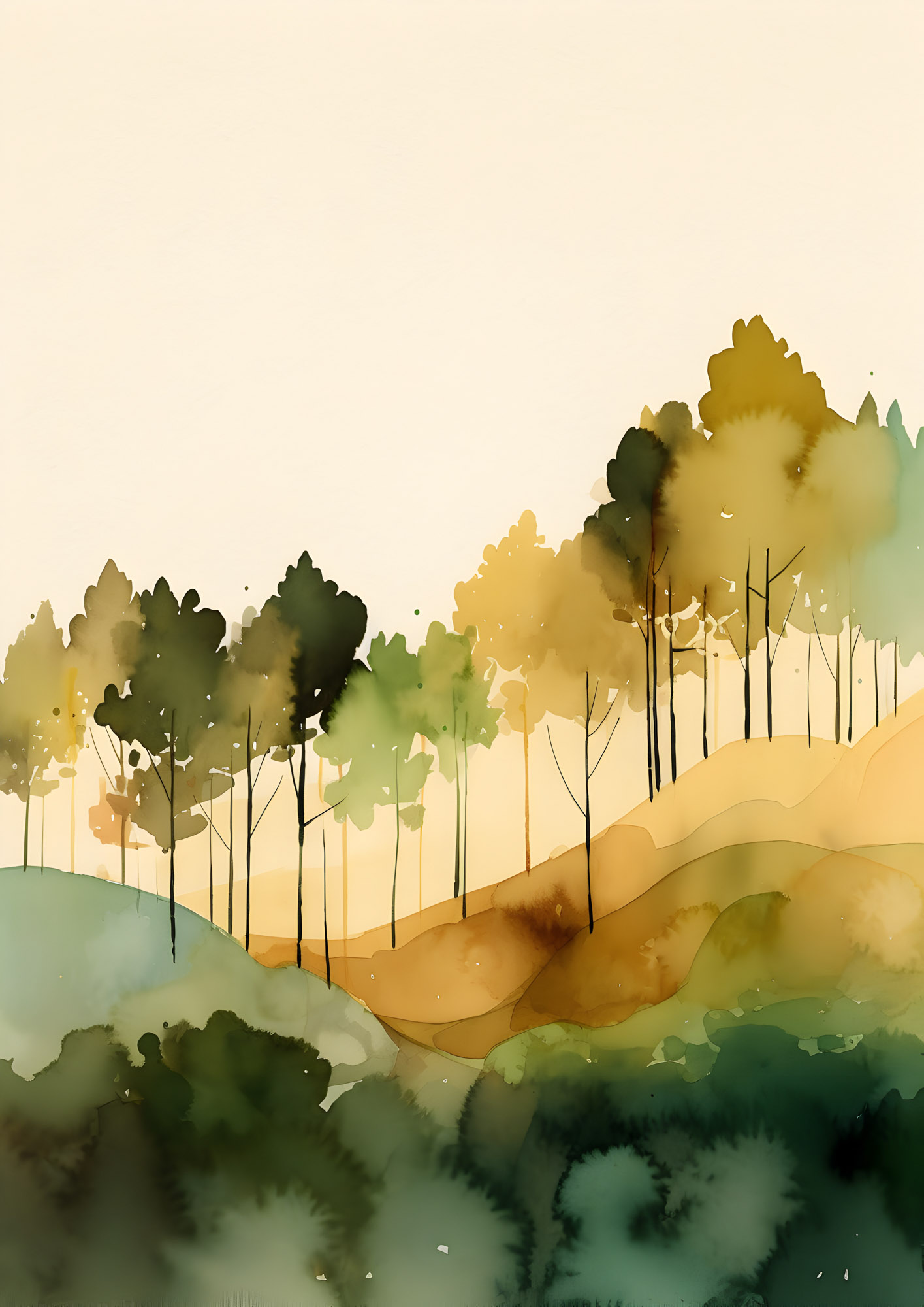 Watercolor landscape with abstract green and golden trees on rolling hills.