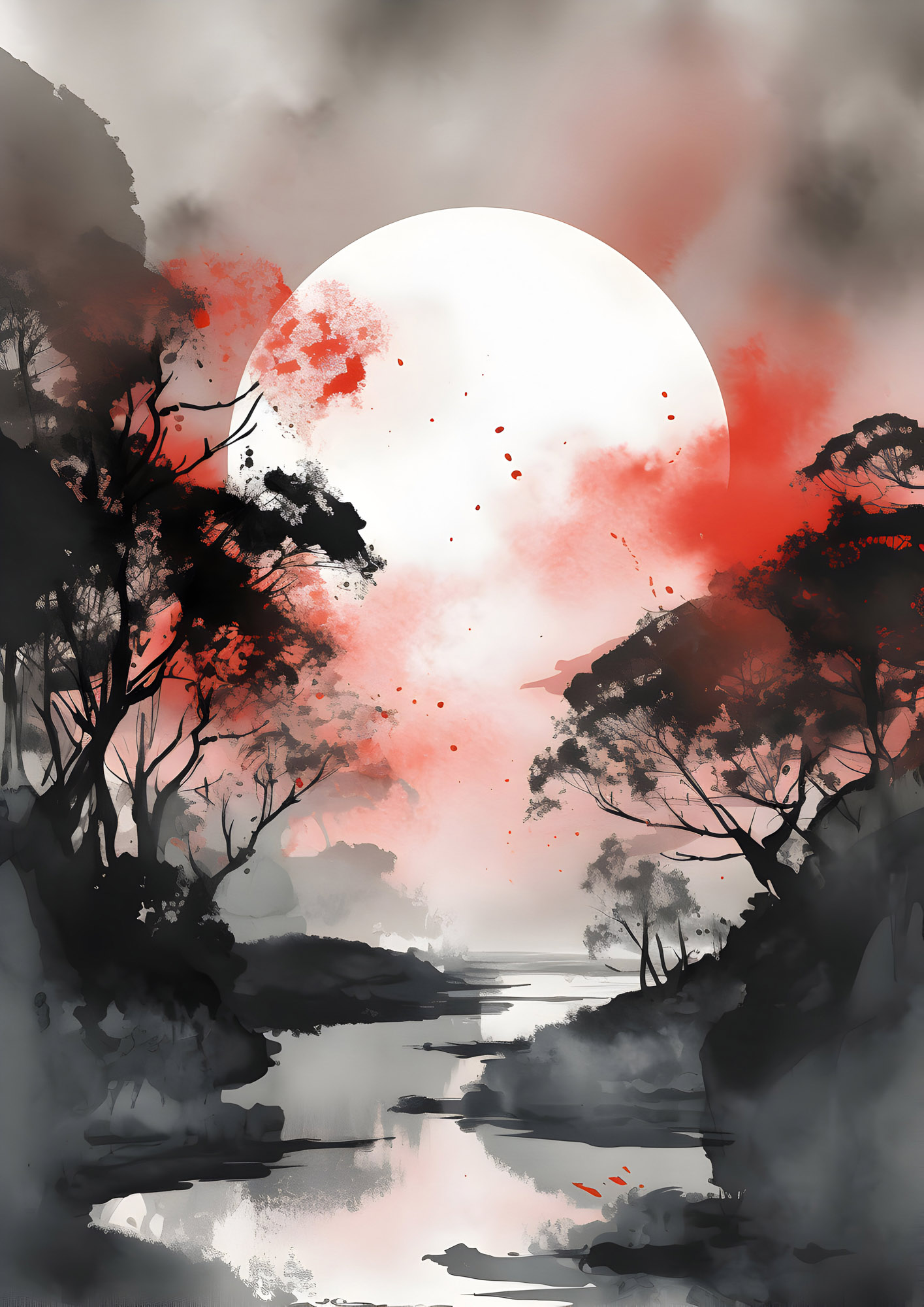 Ink wash landscape with silhouetted trees, a large white moon, and red splatters over a reflective river.