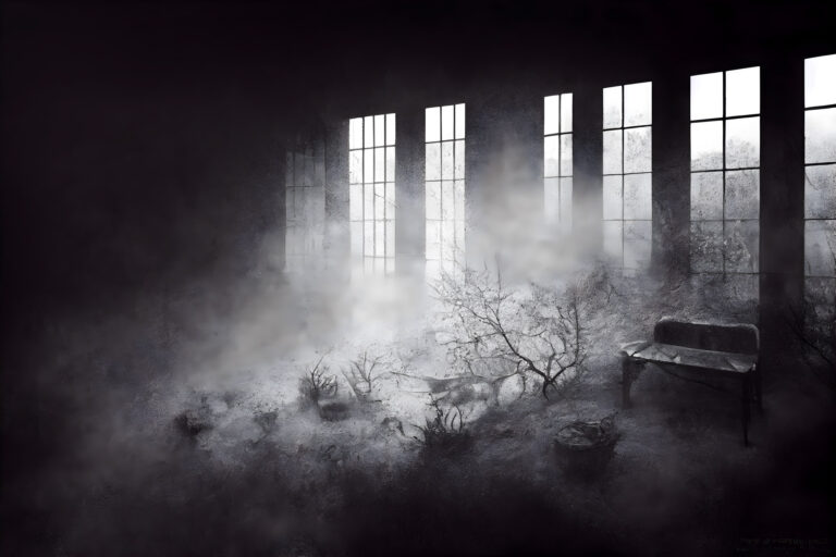 Desolate, dark room with bright, misty windows, skeletal branches, and a worn bench.