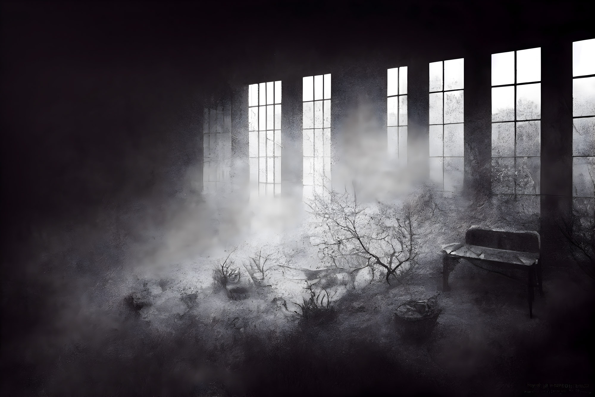 Desolate, dark room with bright, misty windows, skeletal branches, and a worn bench.