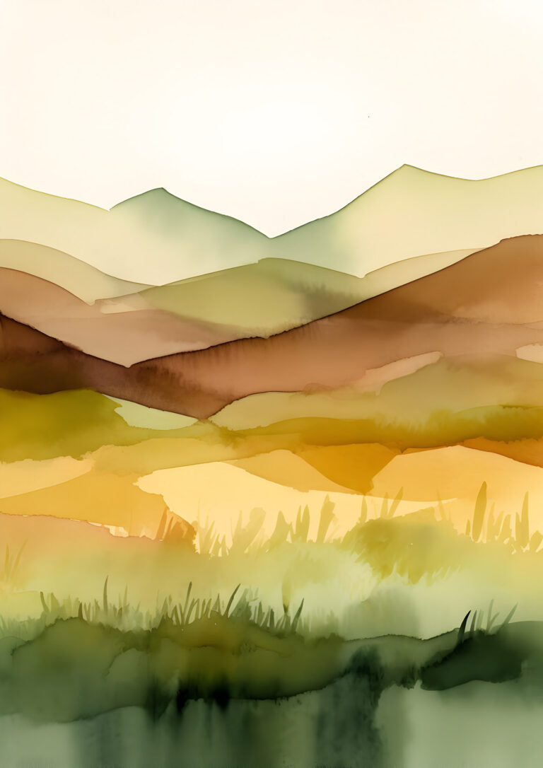 Abstract watercolor landscape with layered green, yellow, and brown hills under a pale sky.