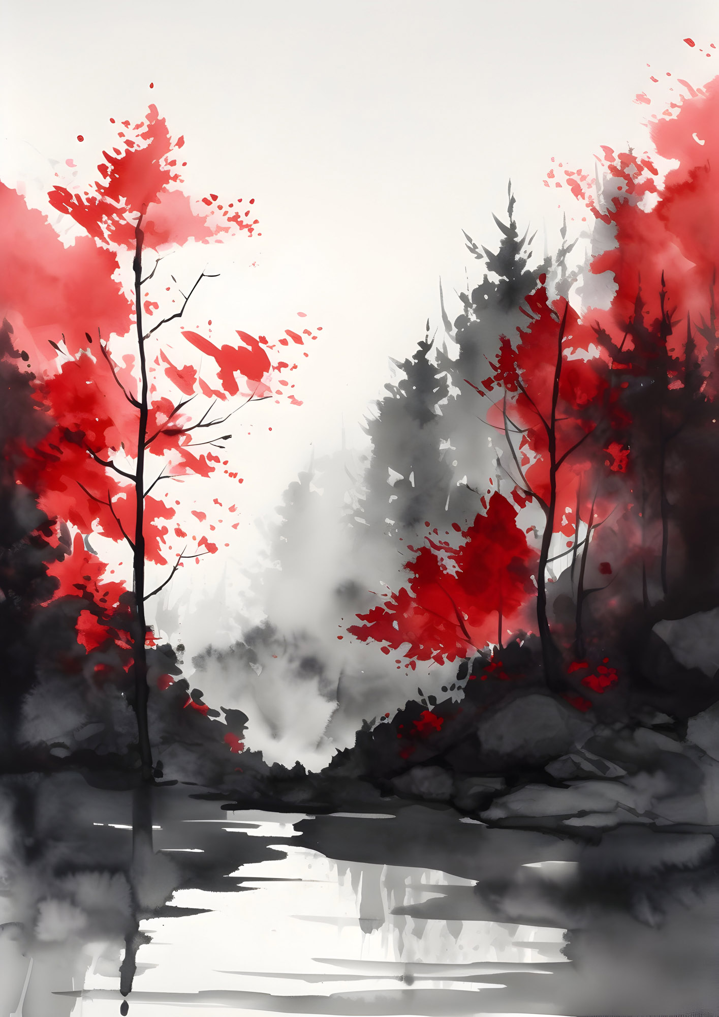 Abstract ink wash painting of a forest with red trees reflected in water.