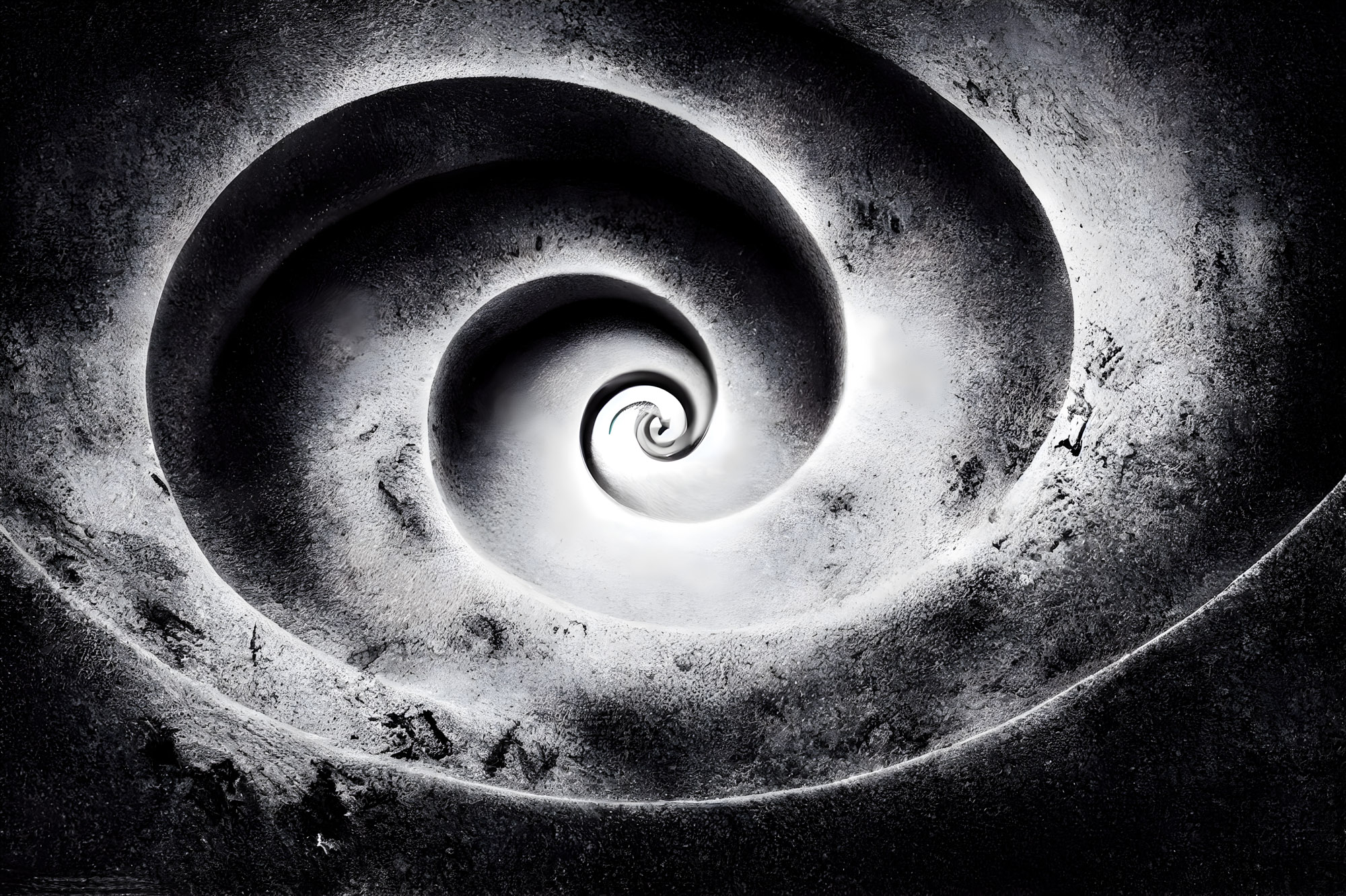High contrast black and white spiral with rough, gritty texture curving to a bright center.