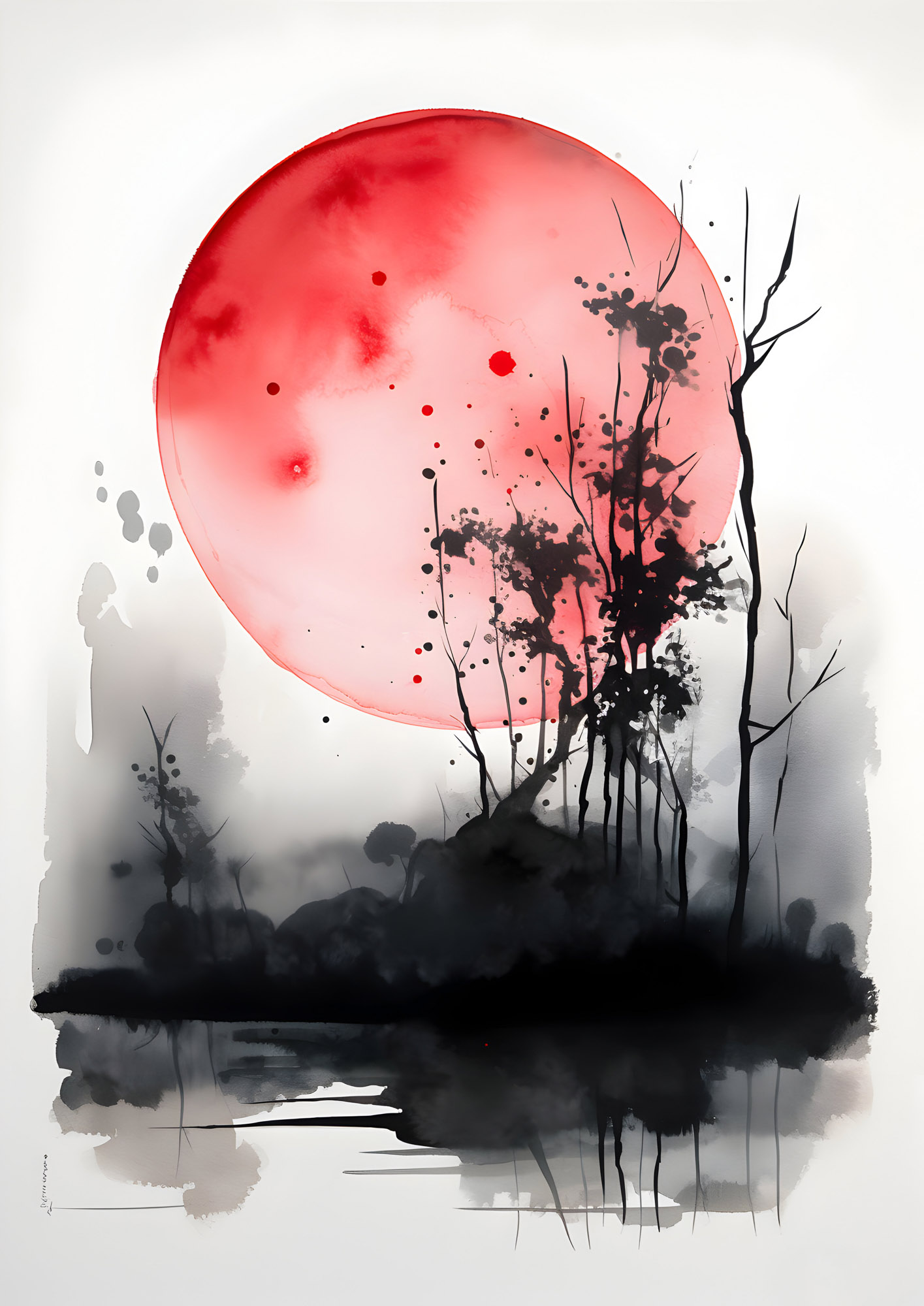Ink and watercolor painting of a red sun/moon over a dark, silhouetted forest and reflective water.