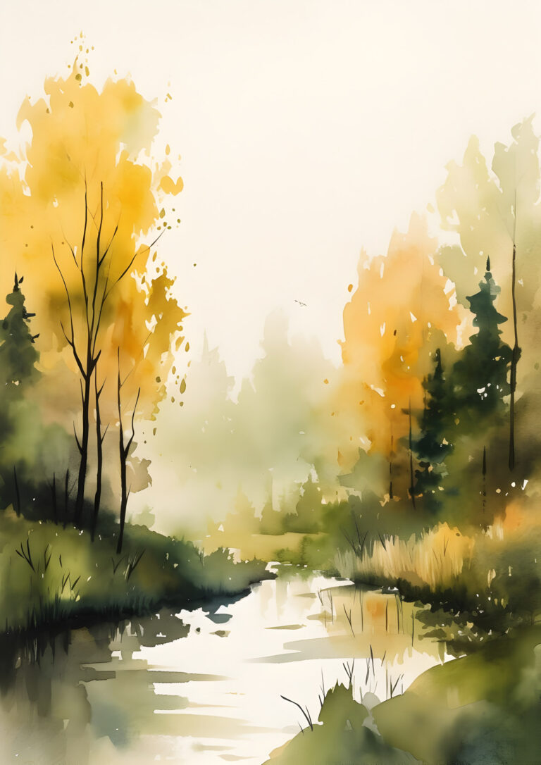 A digital watercolor painting depicting an autumnal forest with a river and colorful trees.