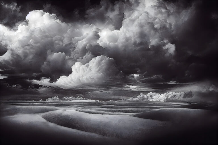 Black and white landscape with dramatic, dark storm clouds over a textured, rippling ground.