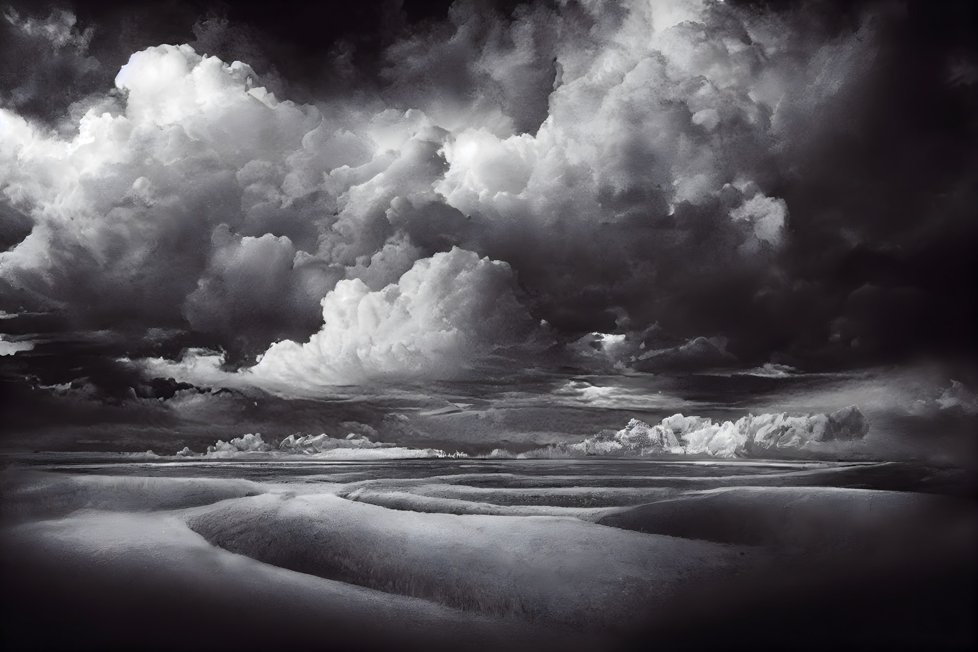 Black and white landscape with dramatic, dark storm clouds over a textured, rippling ground.