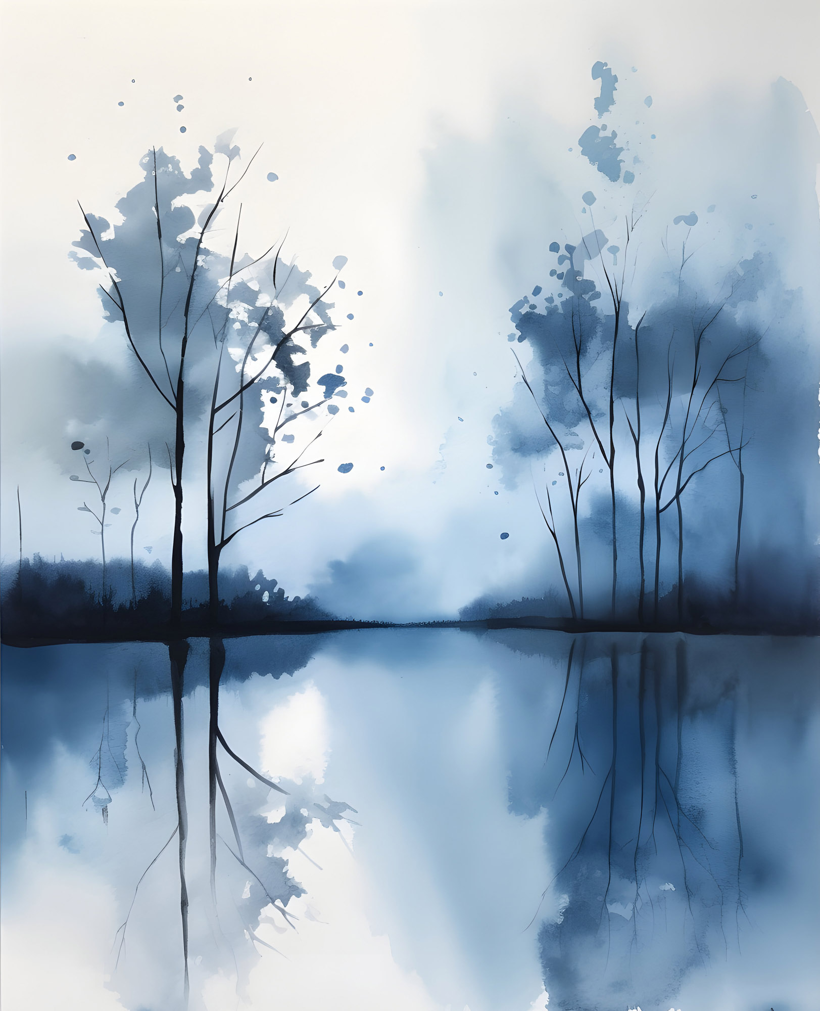 Minimalist blue watercolor landscape of bare trees and lake reflections in gentle mist.