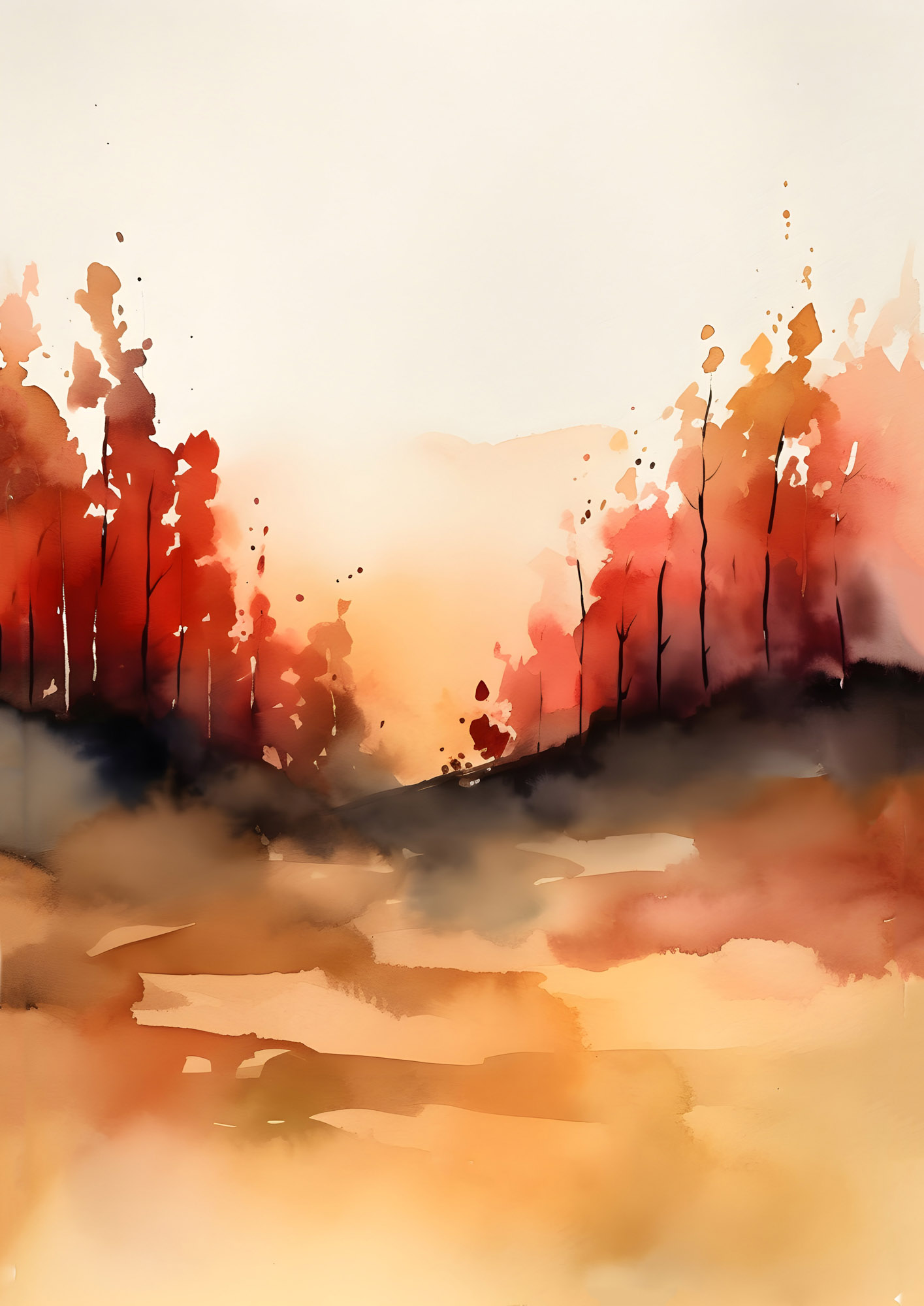 Watercolor of autumn trees with orange and red leaves, misty earth tones, abstract foreground.