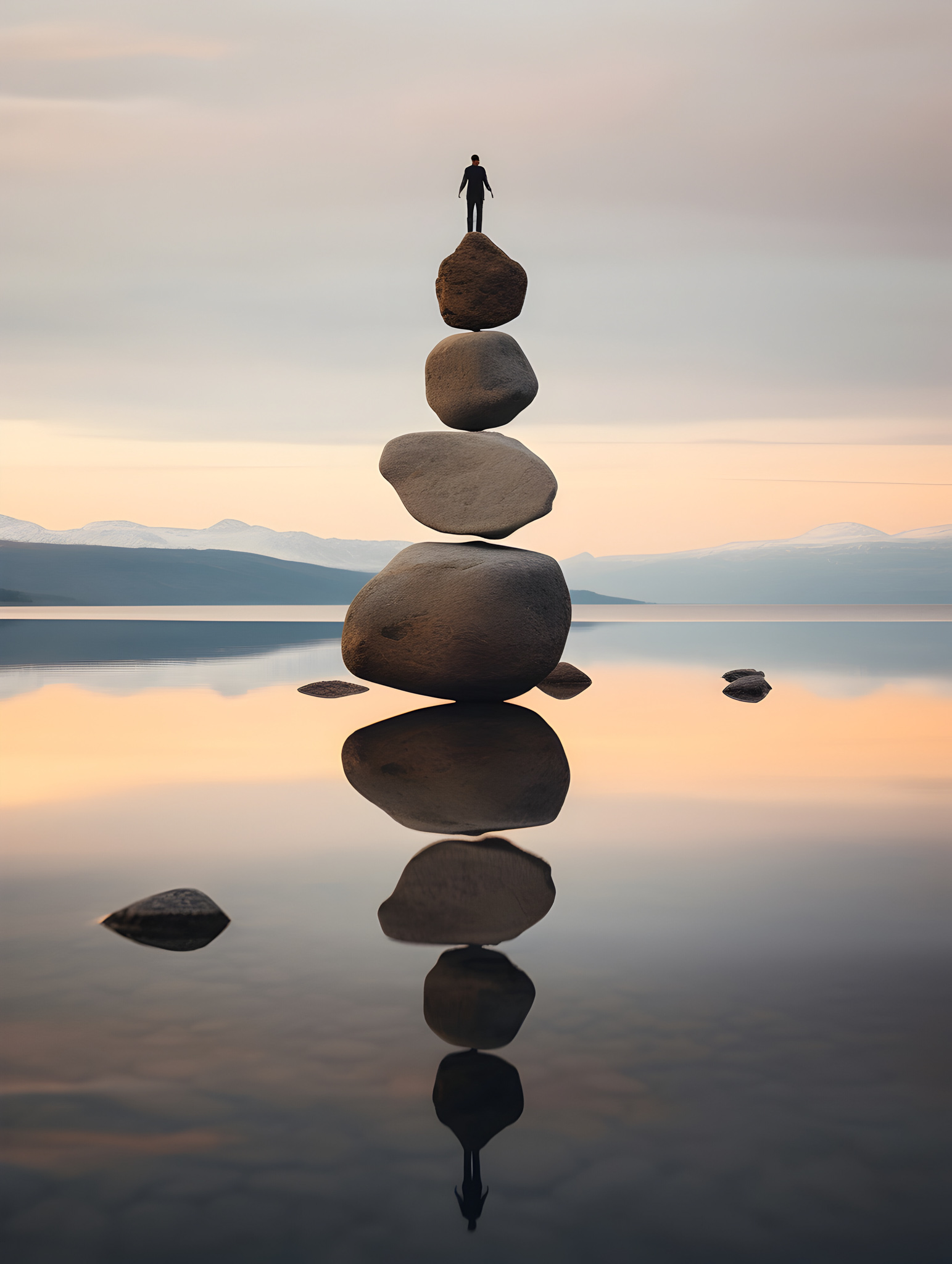 Silhouette of person atop balanced stones reflected in calm lake at sunset.