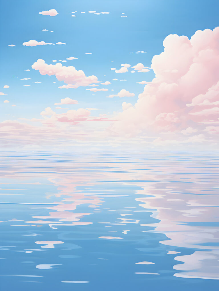 Serene blue sea and pastel sky with pink clouds reflected in calm water.