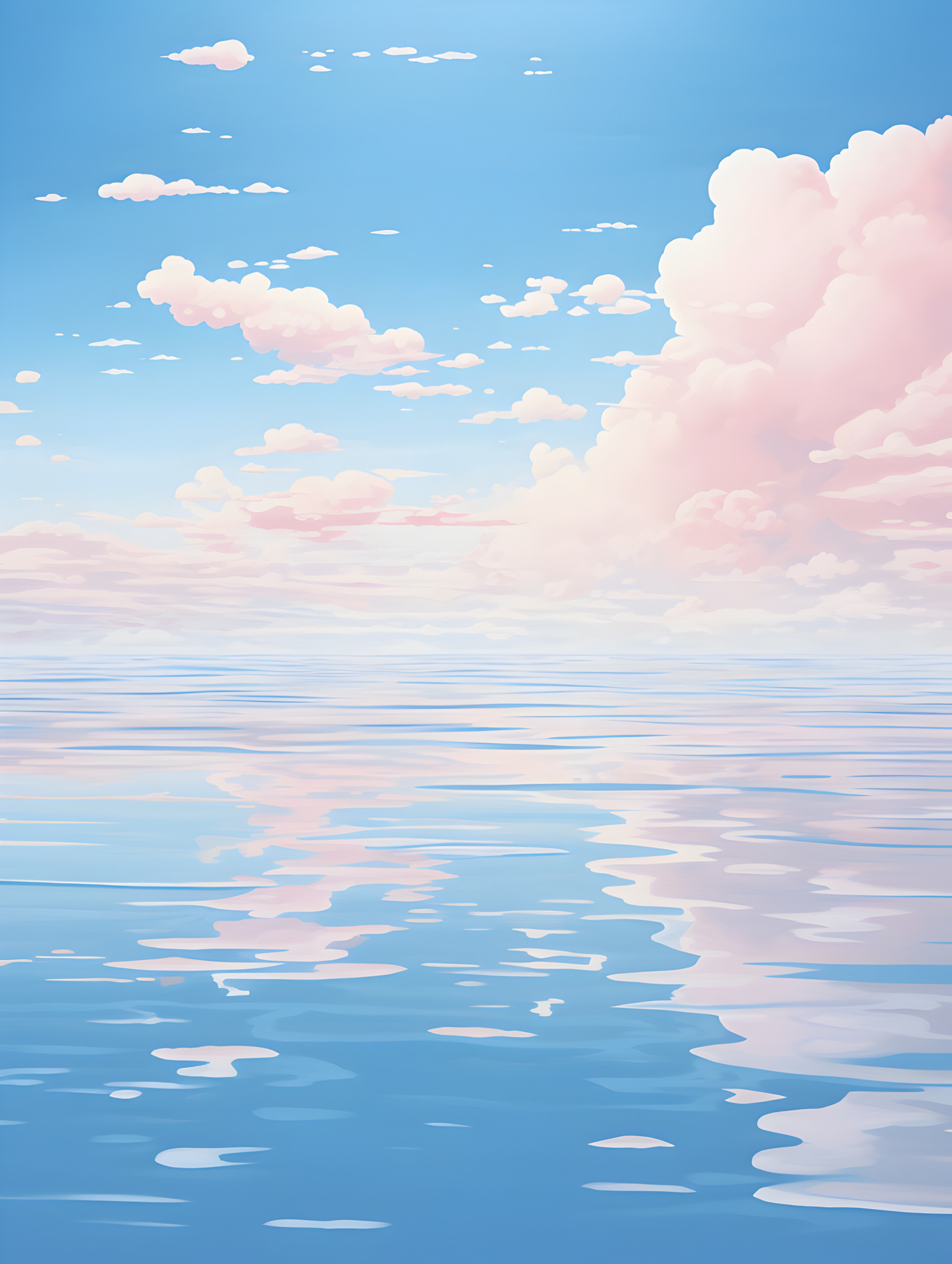 Serene blue sea and pastel sky with pink clouds reflected in calm water.