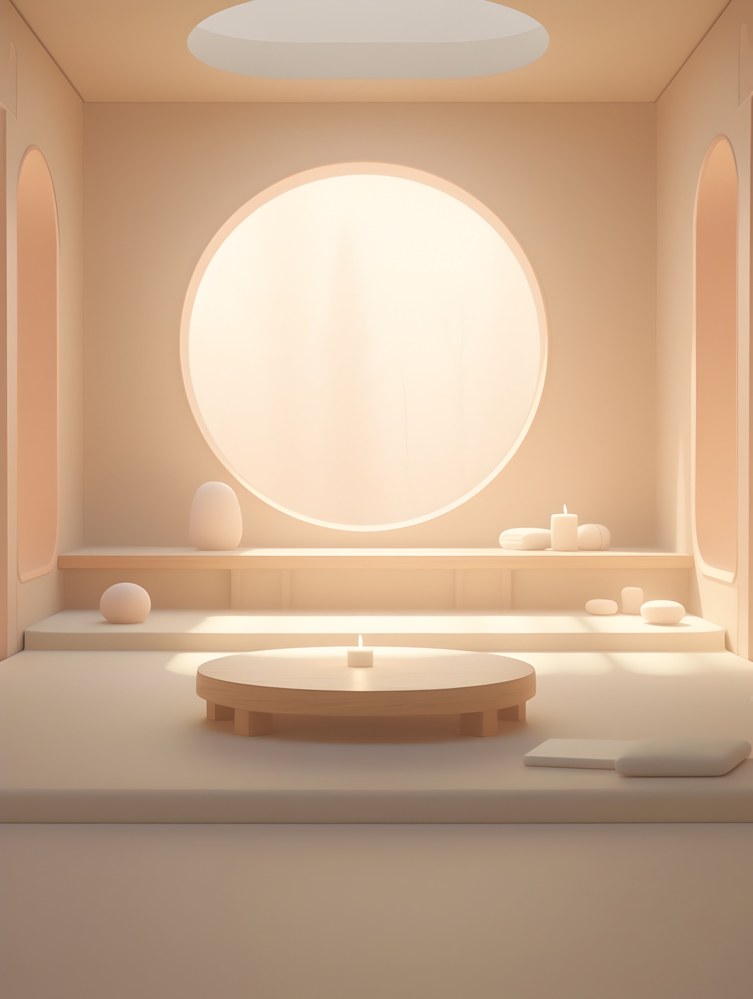 Minimalist, sunlit room with a large circular window and low wooden table.