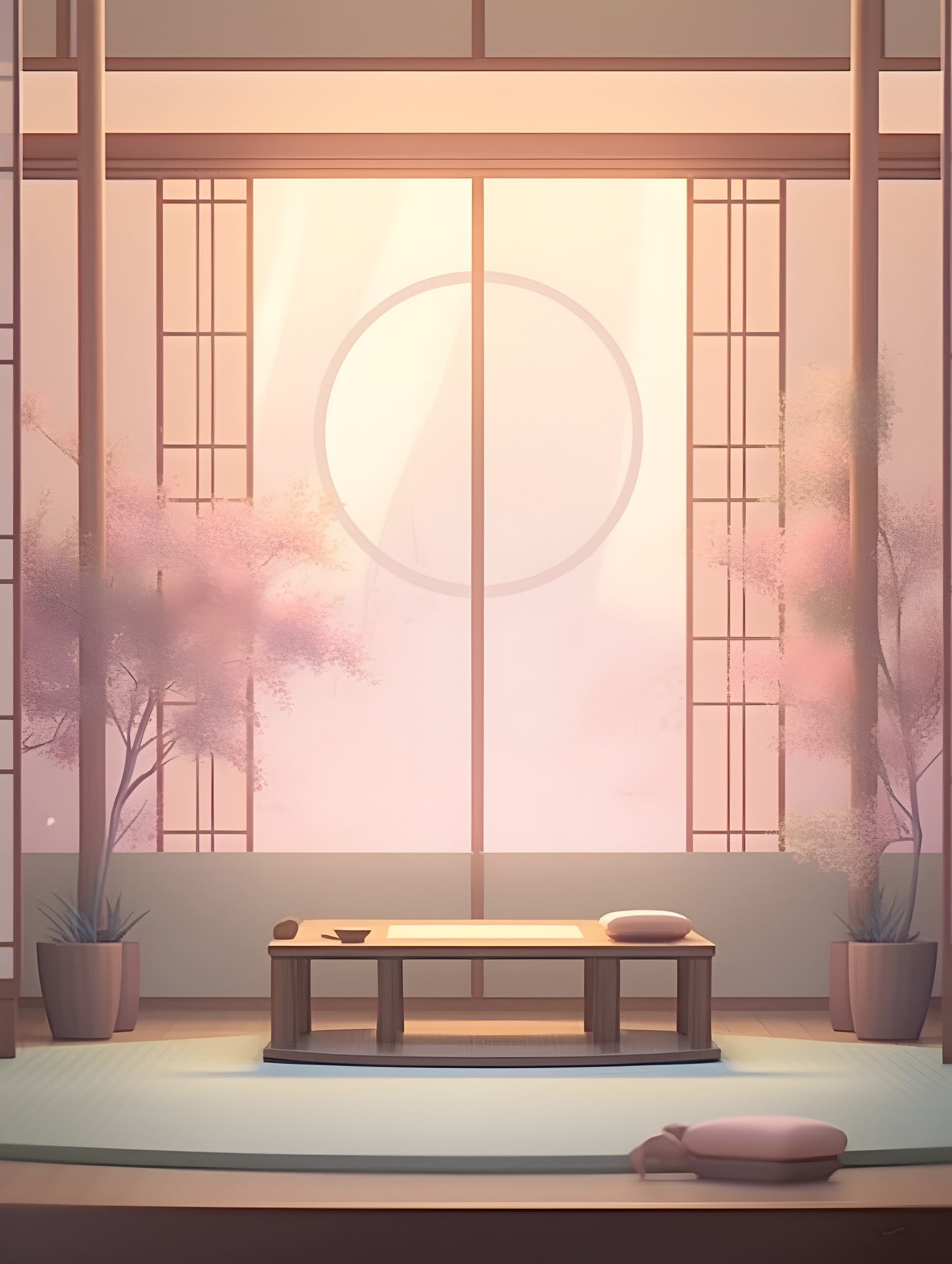 Minimalist Japanese interior, shoji screens, pastel sunlight, tatami mat, wooden table, cushions, potted trees.