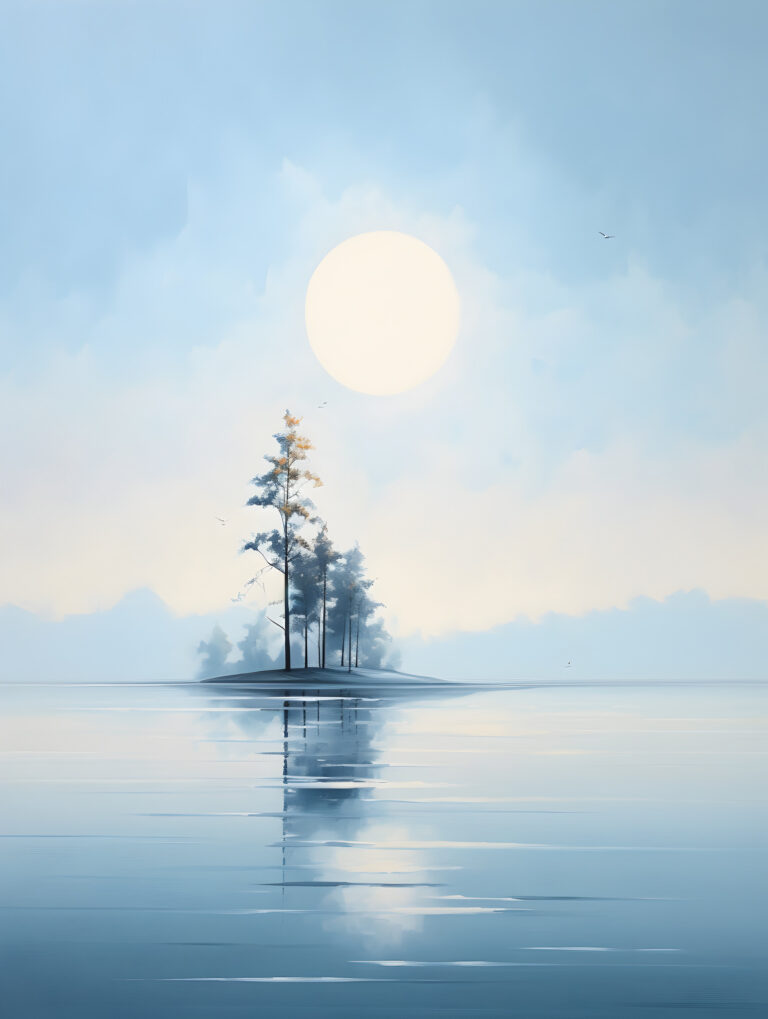 Misty island with tall trees, large sun, and calm reflective water in blue tones.