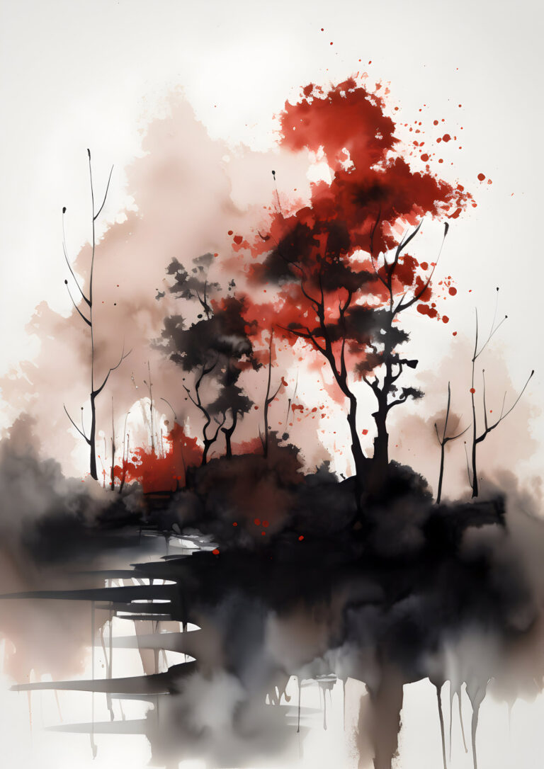 Watercolor landscape with black and red trees reflected in shallow water, abstract and ethereal.