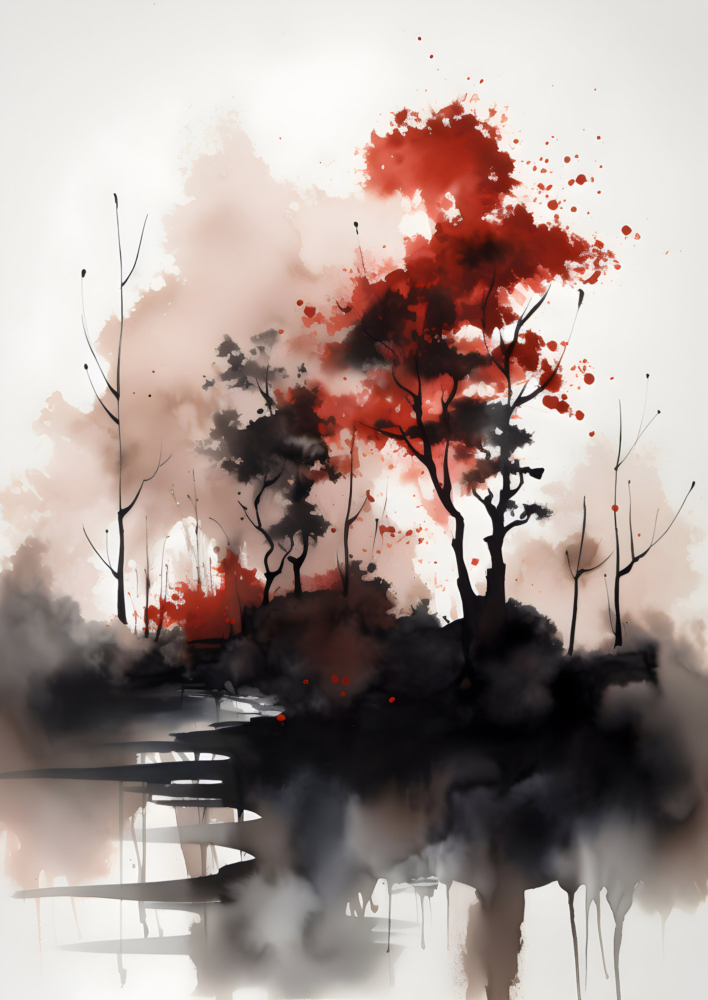 Watercolor landscape with black and red trees reflected in shallow water, abstract and ethereal.