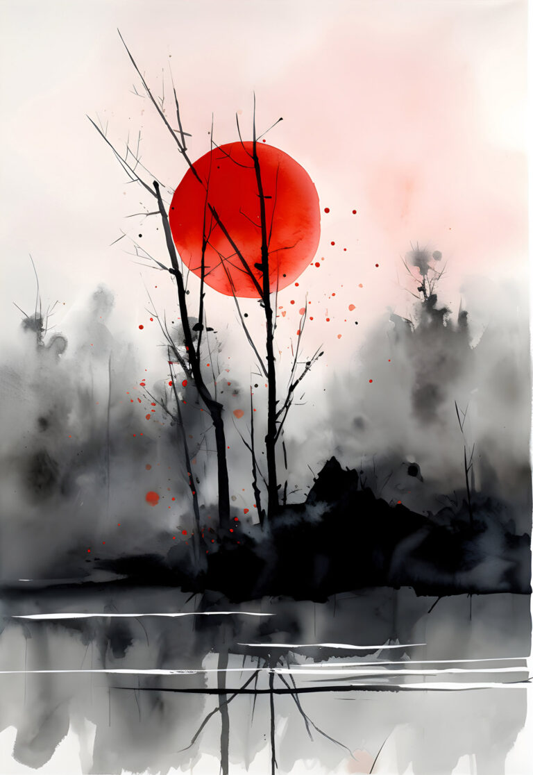 Watercolor scene with leafless trees, red sun, black mist, and reflections.