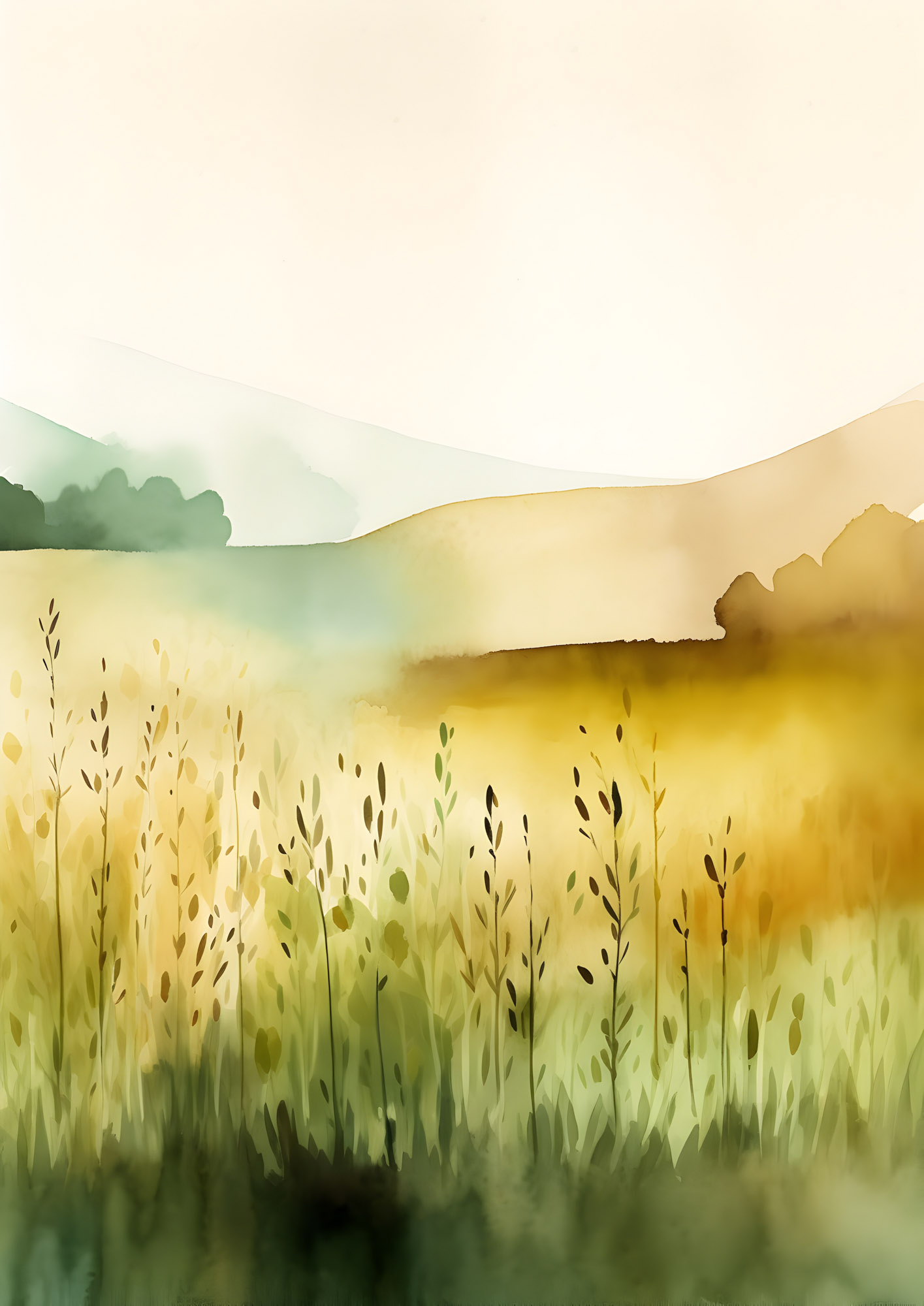 Watercolor landscape of tall grasses and hazy hills in green and gold tones.