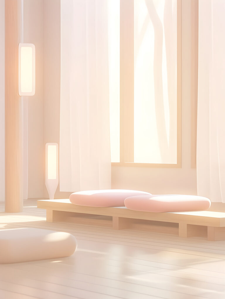 Minimalist zen room with pale pink cushions, sheer curtains, and soft morning light.