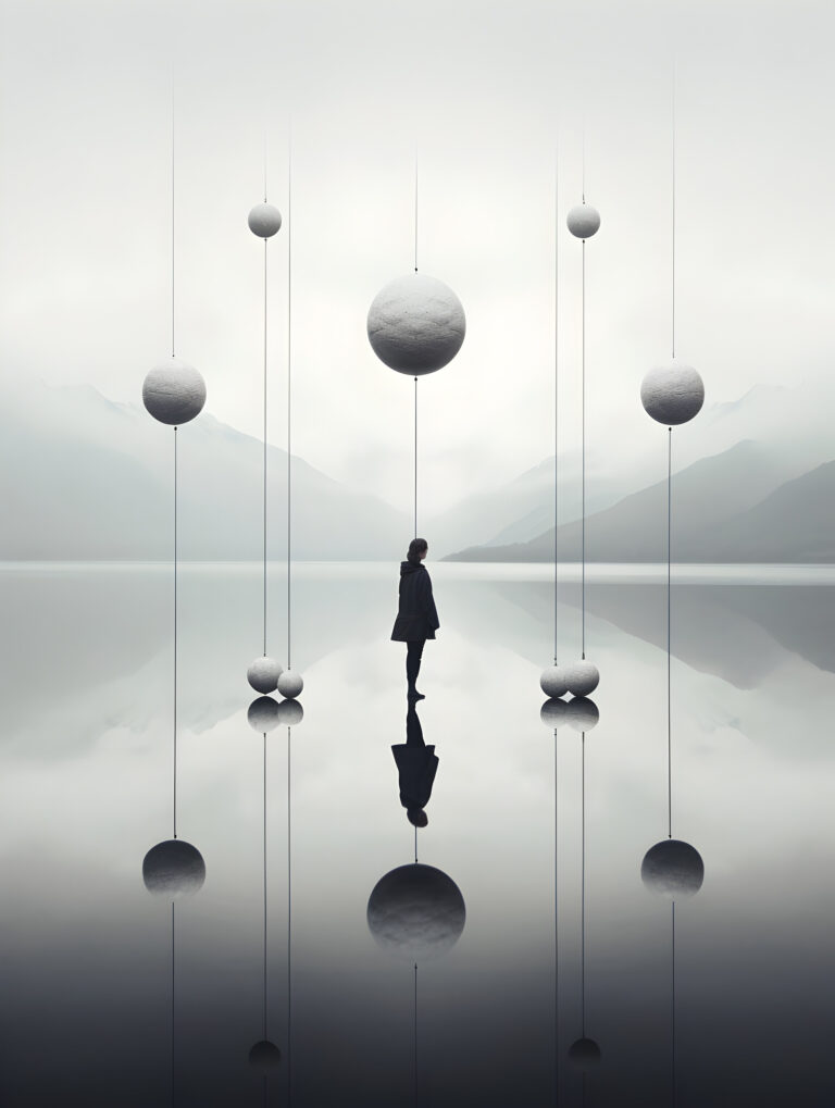 Solitary figure among suspended spheres over reflective water, with misty mountains in the background.